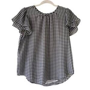 Ann Taylor Black & White Gingham Pleated Flutter Sleeve Top